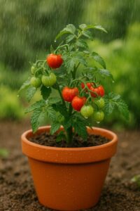 雨の中、テラコッタ鉢で育つ家庭菜園のプチトマト。赤く色づいた実と緑の葉に雨粒が光り、しっとりとした空気に包まれている様子