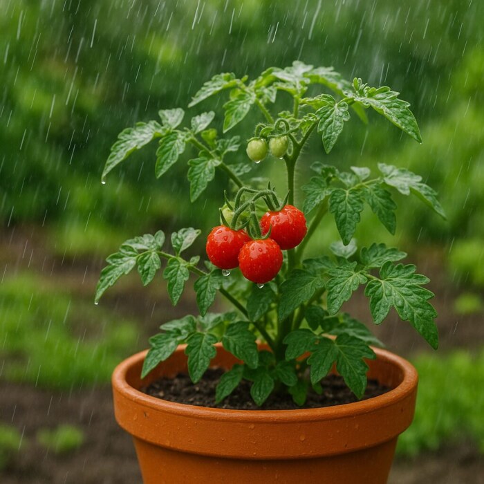 雨の中、テラコッタ鉢で育つ家庭菜園のプチトマト。赤く色づいた実と青々とした葉に雨粒が光る、しっとりとした初夏の風景